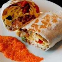 Bad Habit Breakfast Burrito · Poblano cayenne hash, chorizo, egg, monterey jack, pico de gallo, sour cream (carrot habaner...