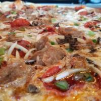 Mattie Supreme Pizza · Tomato sauce, mozzarella, pepperoni, bacon, sausage, ham, green peppers, onions, mushrooms, ...