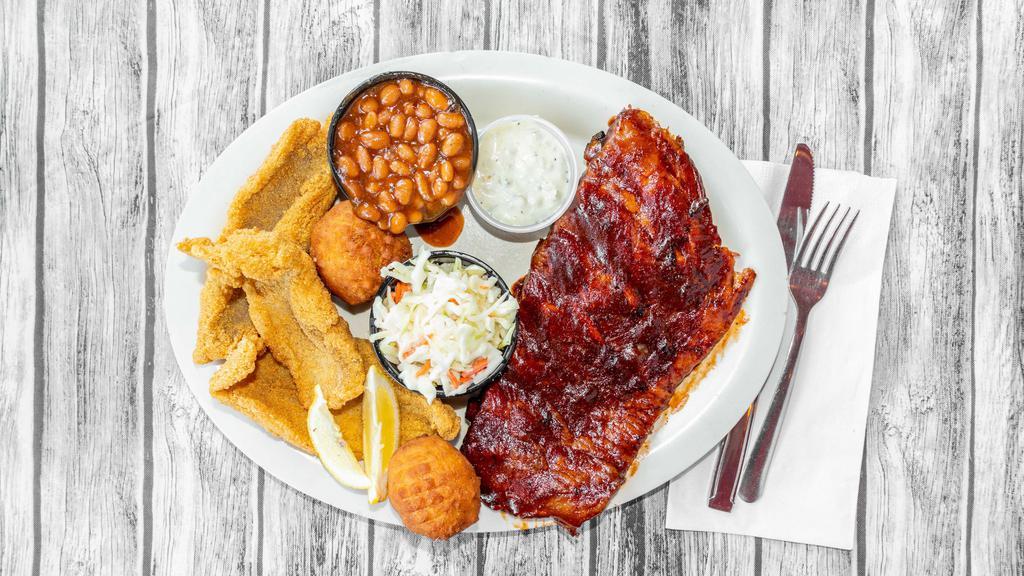 Rib Combo · 1/2 slab of ribs plus your choice of one of the following: pulled pork, beef brisket, sausage, chicken, catfish or shrimp. With your choice of two original sides.