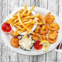 Cajun Fried Shrimp · Ten shrimp lightly breaded and seasoned with Cajun spices, served with fries, coleslaw, and ...
