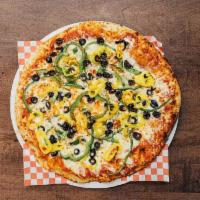 Veggie Lovers Pizza · 4 cheese, onions, green peppers, banana peppers, black olives
