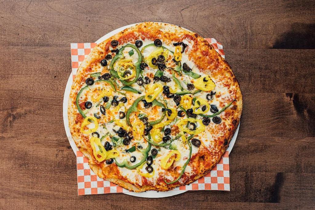 Veggie Lovers Pizza · 4 cheese, onions, green peppers, banana peppers, black olives