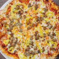 Half Hot Pizza · 4 Cheese, pizza sauce, banana peppers, Italian Sausage, ground beef
