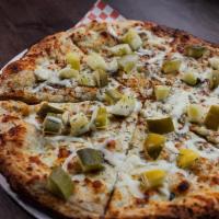 Dill Pickle Pizza · Garlic and Olive Oil Base, Pizza Cheese, Italian Seasoning, Dill Pickles and Shredded Asiago