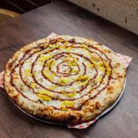 Bbq  Chicken · 4 cheese, chicken, BBQ swirl, banana peppers, onions, shredded chedder cheese