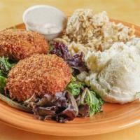 Salmon Cakes · 2 southern fried salmon cakes served with 2 side items and Caribbean aioli.