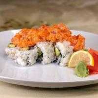 Dynamite Roll · California roll smothered with cubed tuna, smelt roe, spicy sesame oil and spicy sauce.
