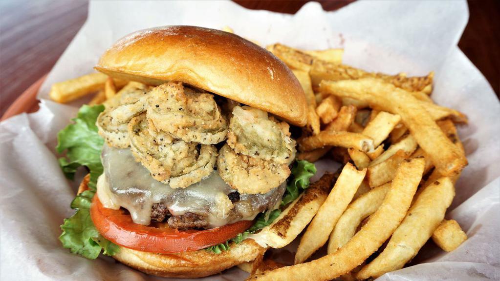Firehouse Burger · Topped with lettuce, tomato, pepper jack, fried jalapenos and mayonnaise.
