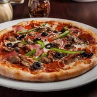 Ditali Deluxe · Italian sausage, beef, pepperoni, Canadian bacon, mushrooms, onions, green peppers, black ol...