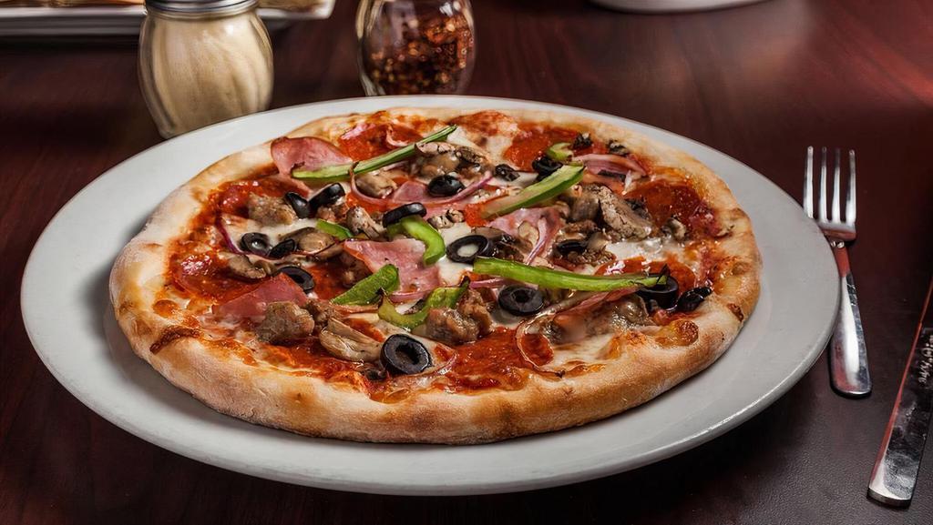 Ditali Deluxe · Italian sausage, beef, pepperoni, Canadian bacon, mushrooms, onions, green peppers, black olives, and mozzarella cheese with our housemade pizza sauce.