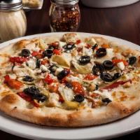 Mediterranean Pizza · Chicken breast, roma tomatoes, black olives, artichoke hearts, red onions, roasted red peppe...