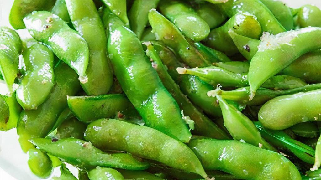 Edamame · Steamed Soybeans in pods dashed with Salt. Vegetarian, vegan, gluten-free, and soy-free.