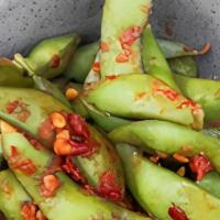 Spicy Edamame · Spicy Edamame with Chili Oil dashed with Japanese Chili Powder and Salt. Vegetarian, vegan, ...