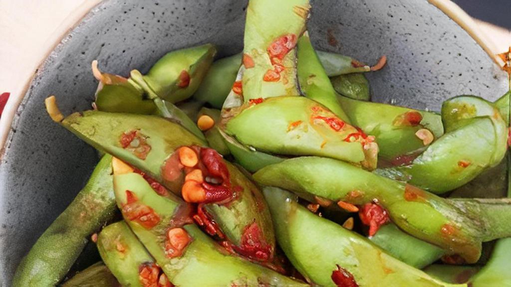 Spicy Edamame · Spicy Edamame with Chili Oil dashed with Japanese Chili Powder and Salt. Vegetarian, vegan, gluten-free, and soy-free.