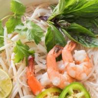 Shrimp | Pho Tom (Gf) · (GF) Chicken pho broth poured over long flat rice noodles with steamed shrimp. Garnished wit...