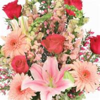 Unconditionally Bouquet · Rose vase, foliage: myrtle, pink lilies (Sorbonne), hot pink roses, pink gerberas, pink snap...