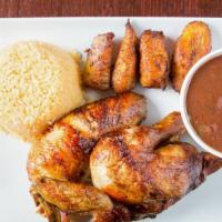 #4- 1/2 Chicken · Rice & beans choice of tostones, ripe plantains or yuca.