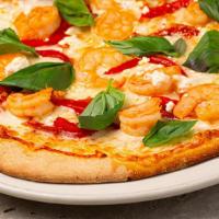Spicy Shrimp · spicy shrimp on a sriracha base with sun-dried tomatoes, roasted red peppers, mozzarella, go...