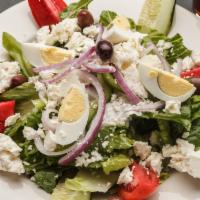 Greek Salad · Romaine lettuce and roma tomato and cucumber and green pepper and feta and kalamata olives a...