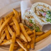 Fish Wrap · Fried or grilled flounder with lettuce and tomato and onion and pepper and tzatziki sauce.