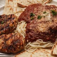 Rosemary Filet Of Chicken With Small Caesar Salad & Pita Bread · Boneless chicken breast and seasoned with fresh rosemary and grilled and served with primave...