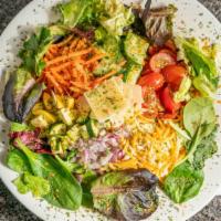 Chef Salad · Mixed greens, carrots, shredded cheese, ham, cucumbers, onions, cherry tomatoes, eggs, crout...