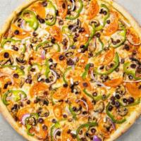 Very Veggie Pizza · Marinara sauce, mozzarella cheese, mushrooms, onions, olives, and bell peppers baked on a ha...