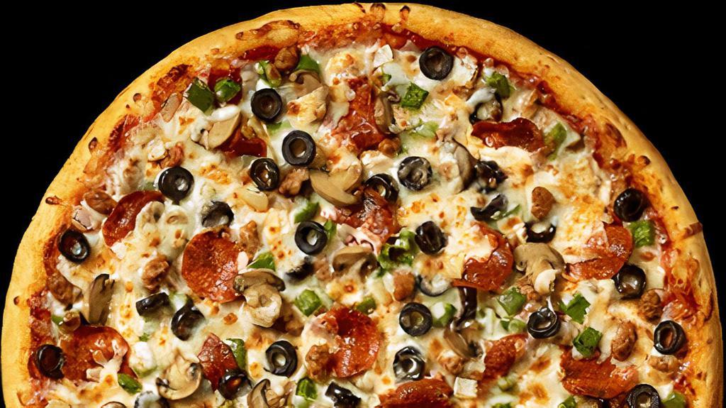 Supreme · pepperoni, sausage, onion, green peppers, mushrooms.