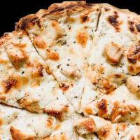 Alfredo Pizza · chicken or shrimp, spinach, onion, homemade alfredo, cheddar, mozzarella cheese.