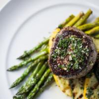 Filetto · 7 oz beef filet magnon with asparagus, zucchini, yellow squash and citrus herb oil