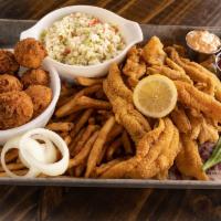 Catfish Family Pack · Ten pieces U.S. farm-raised catfish, served with two large regular sides, and eight hush-pup...
