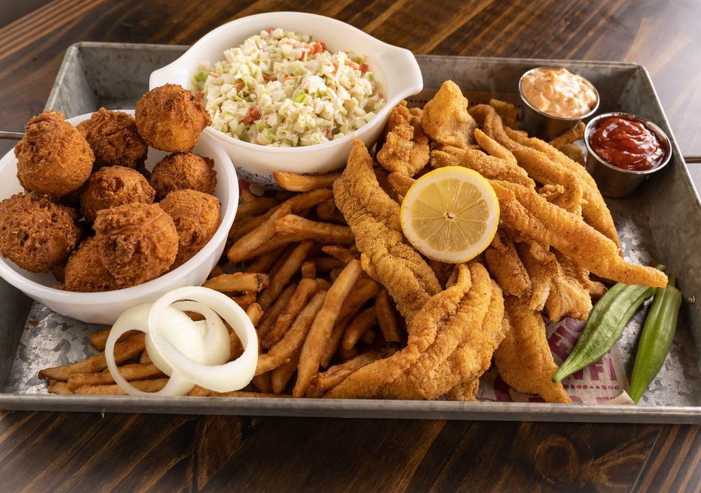Catfish Family Pack · Ten pieces U.S. farm-raised catfish, served with two large regular sides, and eight hush-puppies. Serves three to four.