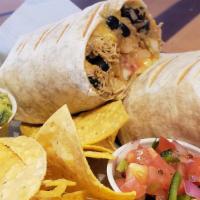 Cantina Shredded Chicken Burrito · Stuffed with rice, black beans, lettuce, cheese, pico, and sour cream and chips and salsa.