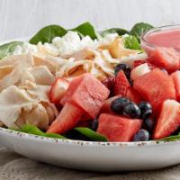 New - Red, White And Blueberry Salad (P) · All-natural chicken, fresh spinach, feta, strawberries, blueberries and watermelon. Served w...