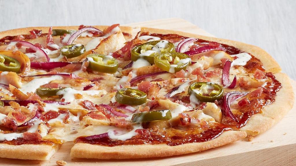 New - Bbq Chicken Bacon Ranch (P) · All-natural chicken breast, red onions, mozzarella, bacon bits, garlic oil, sweet & spicy BBQ sauce, topped with roasted jalapeños and a drizzle of ranch.