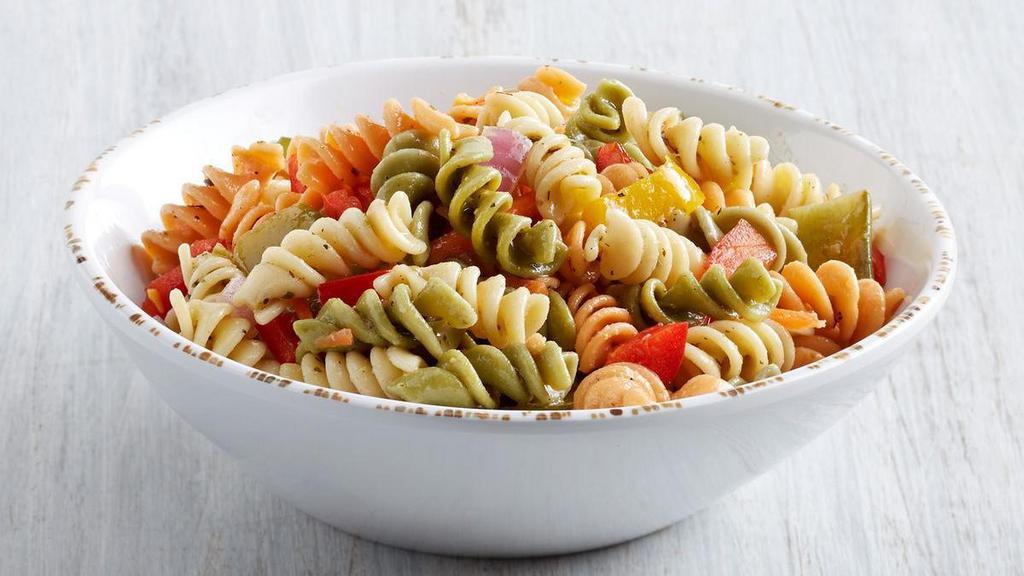 Bowl Pasta Salad · With crisp snow peas, diced yellow & red bell peppers, shredded carrots, and red onion. (12oz Bowl) (V)