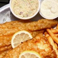 Beer Battered Cod · Served with choice of cajun, regular, or sweet potato fries.