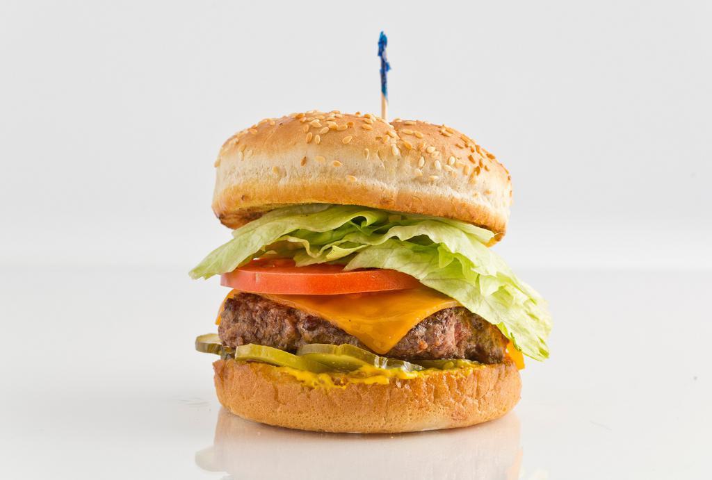 World Famous Huey Burger · Choose from: mayo, lettuce, tomato, mustard, pickle, onion, and cheddar or swiss cheese on a buttered, toasted sesame seed bun.