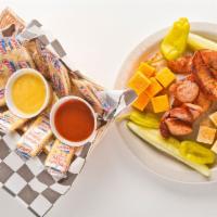 Cheese & Sausage Plate · Served with cheddar and pepper jack cheeses, pickle spears, peppercinis, crackers, bbq sauce...
