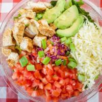 Grilled Chicken Salad · Fresh mixed greens topped with seasoned grilled chicken with tomato, avocado, monterey jack ...