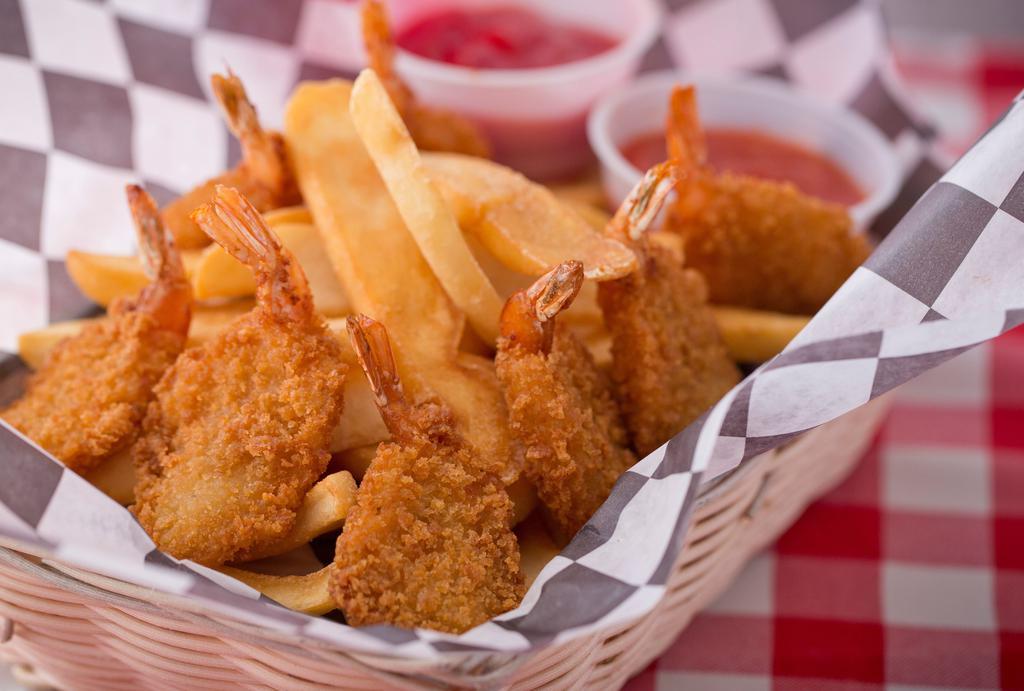 Shrimp Basket · Breaded shrimp, deep fried to a golden brown, served with your choice of side and a side of cocktail sauce. (available buffalo style).*Side Choice Required*