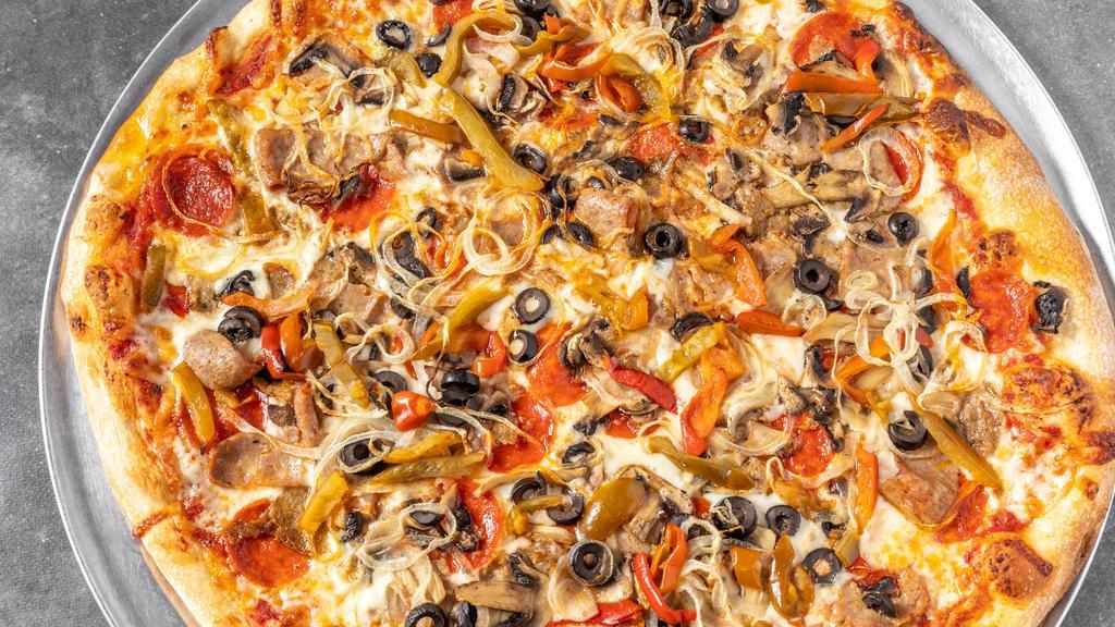 Mama'S Everything · Pepperoni, sausage, meatballs, mushrooms, peppers, onions, & black olives