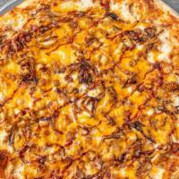 Bbq Chicken · Chicken, bacon, onions, cheddar & mozzarella, & BBQ sauce
