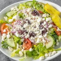 Greek Salad · Organic Romaine Lettuce, Tomato, Cucumber, Onions, Olives, Pepperoncini and Feta Cheese with...
