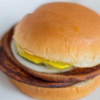 Bologna Sandwich · Smoked bologna sliced, fried on the griddle, served with mustard, pickle, and onion.