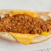 Chili Cheese Dog · A Hot dog served with chili sauce, chopped onions, yellow mustard, and American cheese.