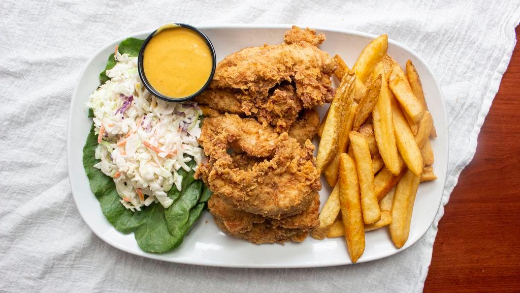 World Famous Calabash Chicken · Half a pound of our specially seasoned,
buttermilk-marinated, and hand-breaded Calabash tenders served with Vidalia Onion coleslaw and fries or tots. Served with FATZauce.