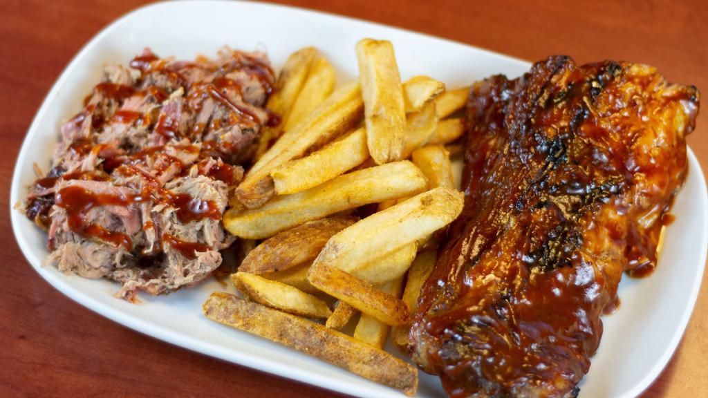 Bbq & Ribs · We serve delicious Brookwood Farms BBQ and combine it with our fall-off-the-bone ribs smothered in your choice of BBQ sauce. Served with fries.