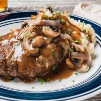 The Big Fatz Chopped Steak · Generous 12 oz. chopped steak, fire-grilled and smothered with roasted mushrooms and onions ...