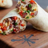 Bacon Egg & Cheese Burrito · Flour tortilla filled with bacon, cage-free scrambled eggs, cheddar & jack cheeses, red bell...